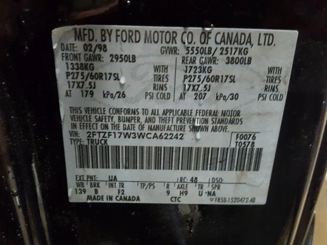 2FTZF17W3WCA62242 - 1998 FORD F150 BLACK photo 10