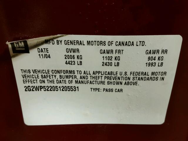 2G2WP522051205531 - 2005 PONTIAC GRAND PRIX Bordo foto 10