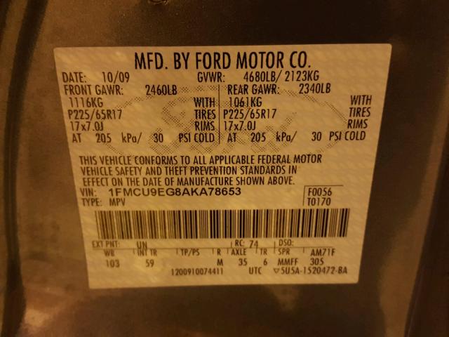 1FMCU9EG8AKA78653 - 2010 FORD ESCAPE LIM BLUE photo 10