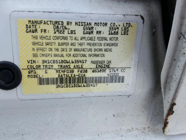 3N1CB51D06L635417 - 2006 NISSAN SENTRA 1.8 WHITE photo 10