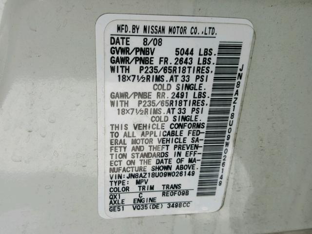 JN8AZ18U09W026149 - 2009 NISSAN MURANO S WHITE photo 10