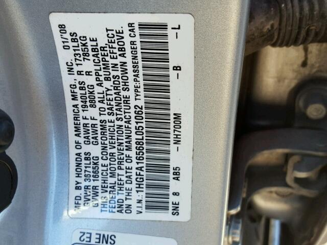 1HGFA16568L051062 - 2008 HONDA CIVIC LX GRAY photo 10