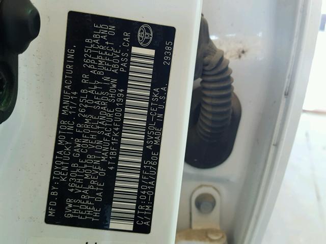 4T1BF1FK4FU001994 - 2015 TOYOTA CAMRY LE 白色 照片 10