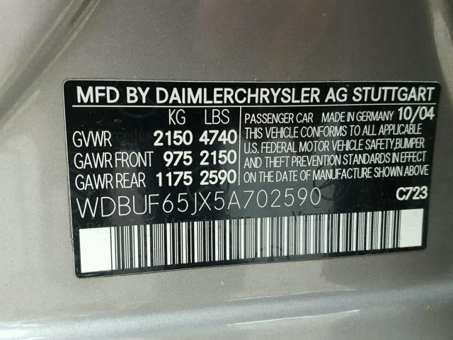 WDBUF65JX5A702590 - 2005 MERCEDES-BENZ E 320 SILVER photo 10