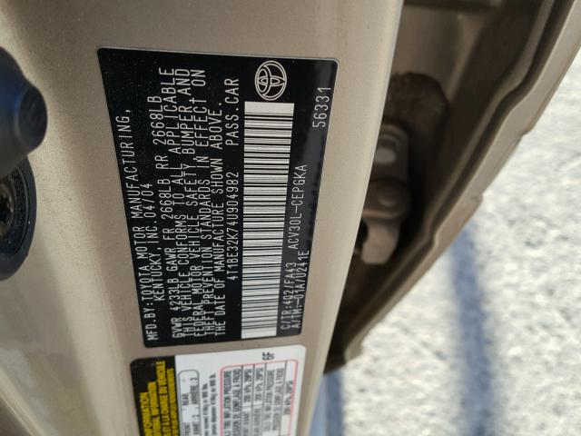 4T1BE32K74U904982 - 2004 TOYOTA CAMRY LE 金色 照片 10