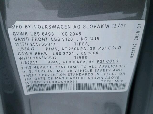 WVGBE77L48D049933 - 2008 VOLKSWAGEN TOUAREG 2 GRAY photo 10