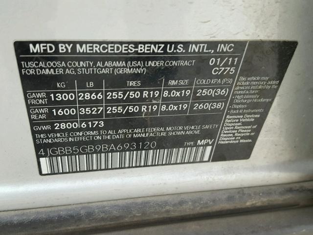 4JGBB5GB9BA693120 - 2011 MERCEDES-BENZ ML 350 GRAY photo 10