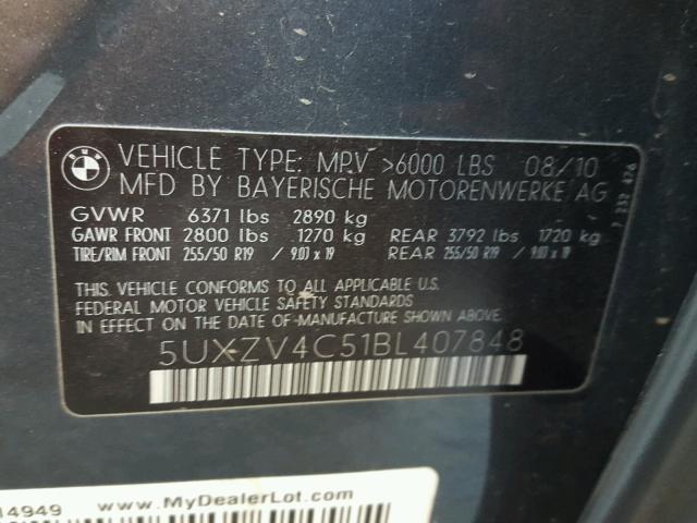 5UXZV4C51BL407848 - 2011 BMW X5 XDRIVE3 Сұр фото 10