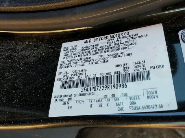 3FAHP07Z29R190986 - 2009 FORD FUSION SE BLACK photo 10