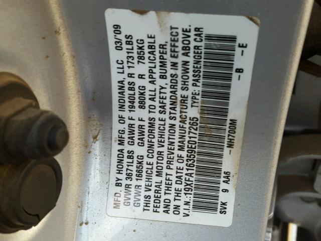 19XFA16359E017265 - 2009 HONDA CIVIC VP SILVER photo 10