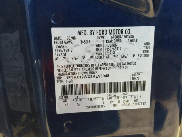 1FTRX12WX8KE93048 - 2008 FORD F150 BLUE photo 10