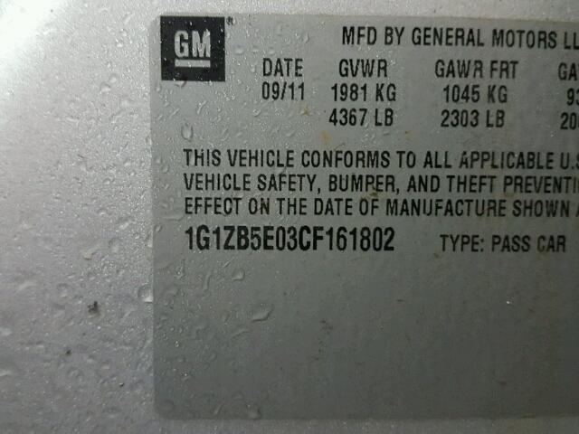 1G1ZB5E03CF161802 - 2012 CHEVROLET MALIBU LS ვერცხლისფერი ფოტო 10