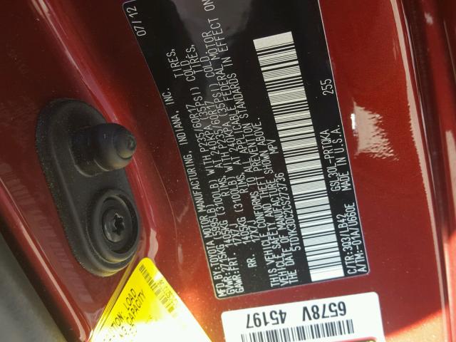 5TDYK3DC2CS273736 - 2012 TOYOTA SIENNA XLE BURGUNDY photo 10