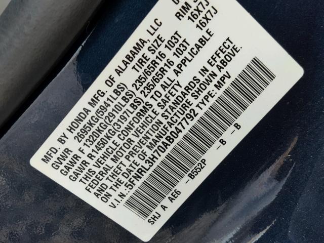 5FNRL3H70AB047792 - 2010 HONDA ODYSSEY EX BLUE photo 10