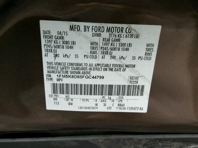 1FM5K8D85FGC44799 - 2015 FORD EXPLORER X BROWN photo 10