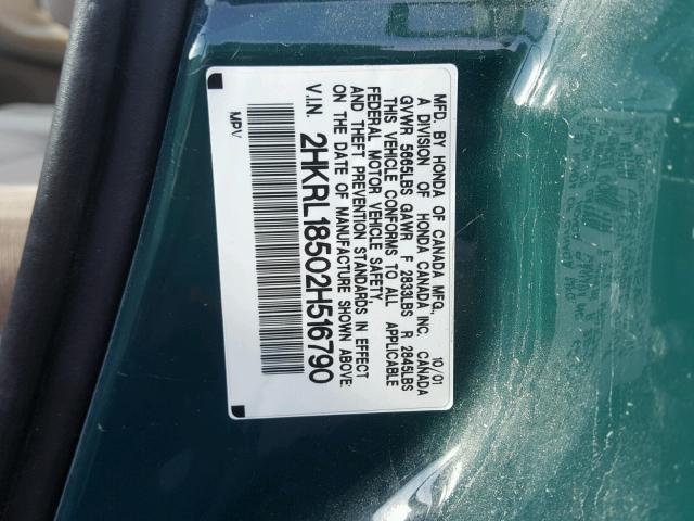 2HKRL18502H516790 - 2002 HONDA ODYSSEY LX GREEN photo 10