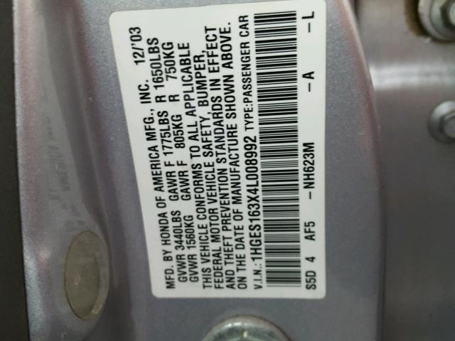 1HGES163X4L008992 - 2004 HONDA CIVIC DX V SILVER photo 10