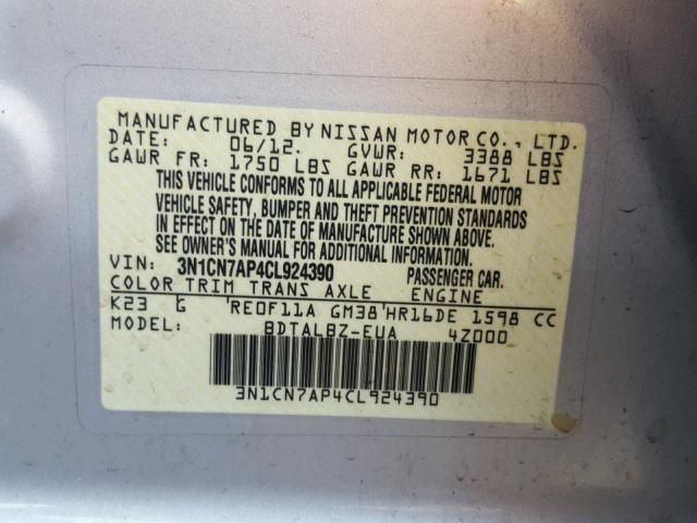 3N1CN7AP4CL924390 - 2012 NISSAN VERSA S SILVER photo 10