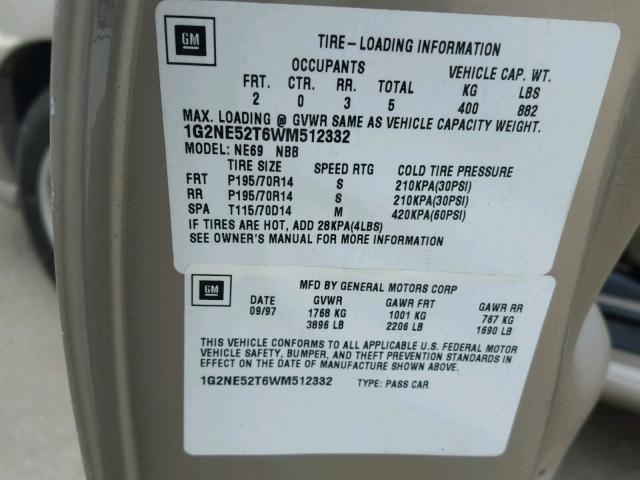 1G2NE52T6WM512332 - 1998 PONTIAC GRAND AM S TAN photo 10