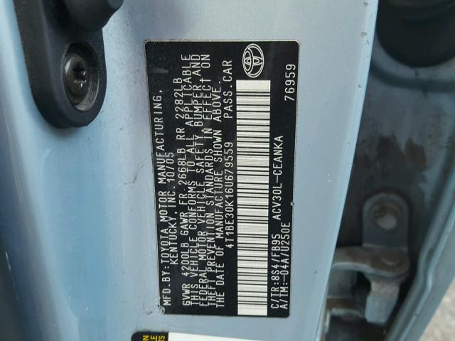 4T1BE30K16U679559 - 2006 TOYOTA CAMRY LE BLUE photo 10