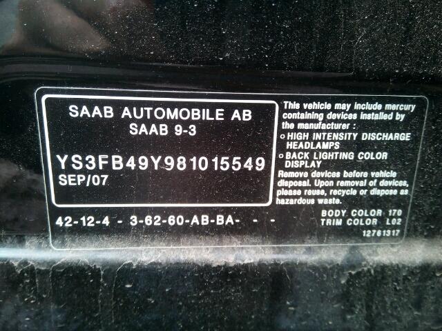 YS3FB49Y981015549 - 2008 SAAB 9-3 2.0T BLACK photo 10