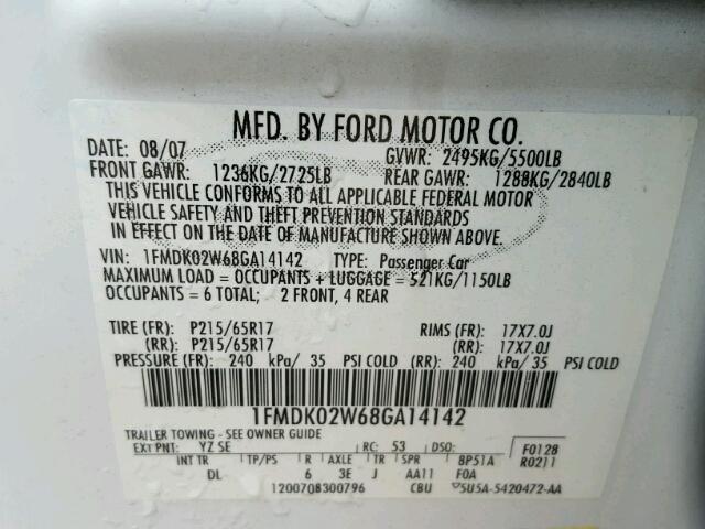 1FMDK02W68GA14142 - 2008 FORD TAURUS X S WHITE photo 10