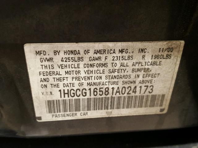 1HGCG16581A024173 - 2001 HONDA ACCORD EX BLACK photo 10