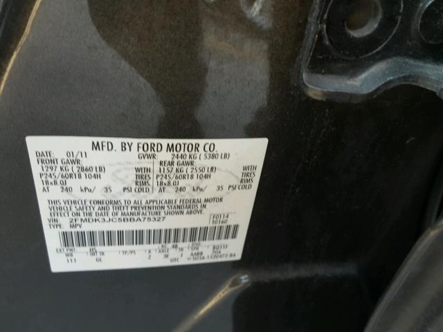 2FMDK3JC5BBA75327 - 2011 FORD EDGE SEL BLACK photo 10