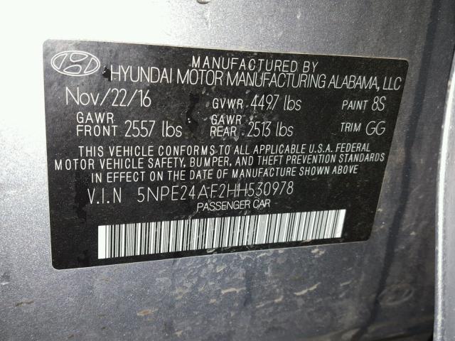 5NPE24AF2HH530978 - 2017 HYUNDAI SONATA SE GRAY photo 10