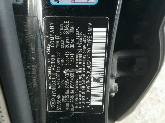 KM8JN72D95U047120 - 2005 HYUNDAI TUCSON GLS BLACK photo 10