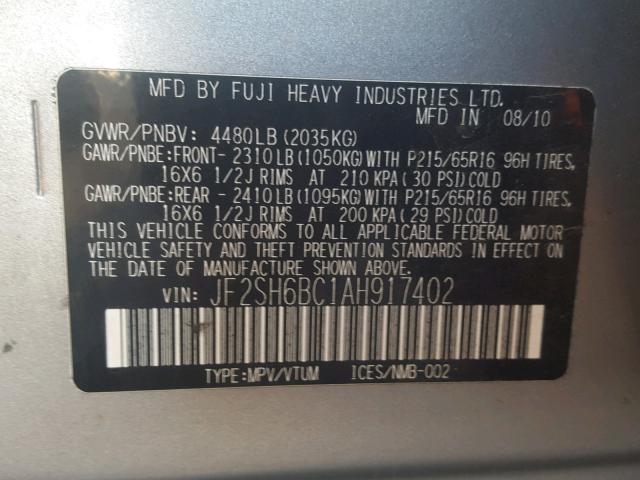 JF2SH6BC1AH917402 - 2010 SUBARU FORESTER X GRAY photo 10