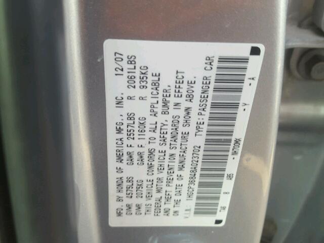 1HGCP36848A023702 - 2008 HONDA ACCORD EXL SILVER photo 10