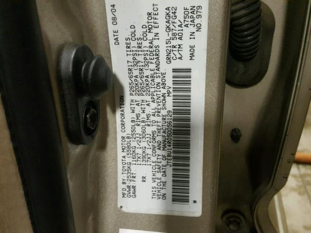 JTEBU14R050056129 - 2005 TOYOTA 4RUNNER SR BEIGE photo 10