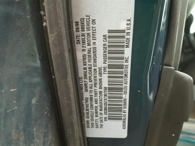 4S3BK4357X7307250 - 1999 SUBARU LEGACY L GREEN photo 10