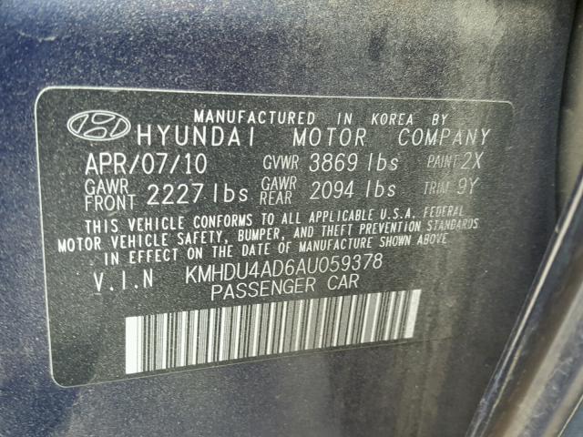 KMHDU4AD6AU059378 - 2010 HYUNDAI ELANTRA BL BLUE photo 10