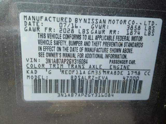 3N1AB7AP2GY316084 - 2016 NISSAN SENTRA S GRAY photo 10