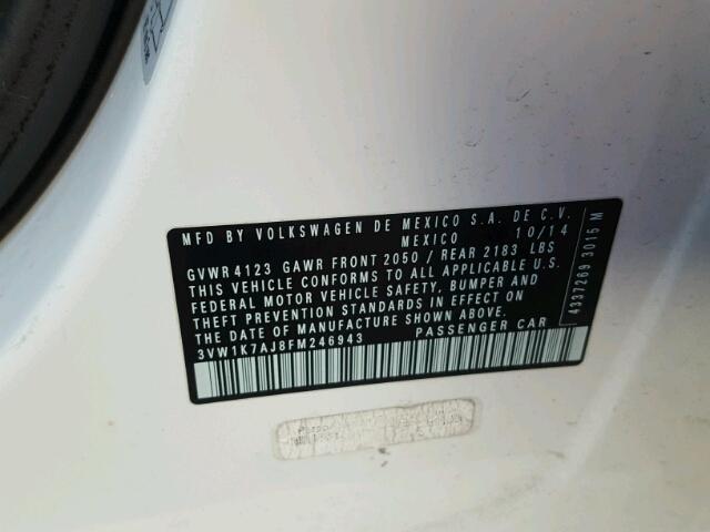 3VW1K7AJ8FM246943 - 2015 VOLKSWAGEN JETTA BASE 白色 照片 10
