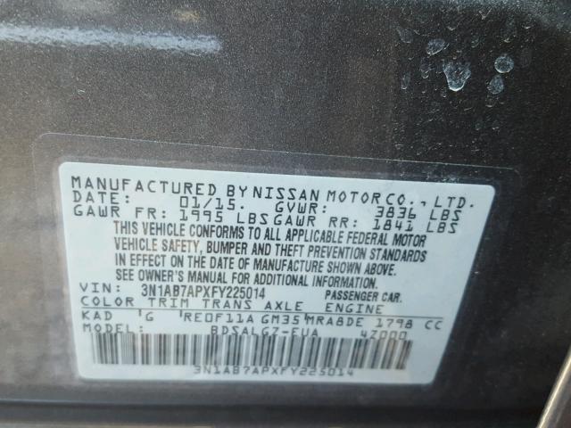 3N1AB7APXFY225014 - 2015 NISSAN SENTRA S GRAY photo 10