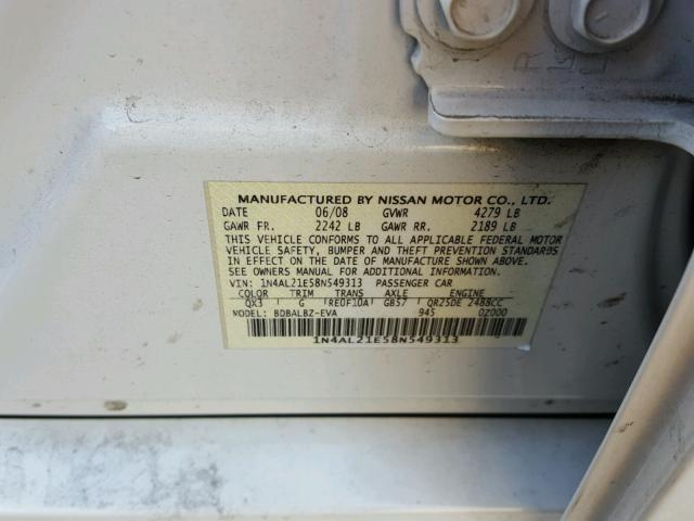 1N4AL21E58N549313 - 2008 NISSAN ALTIMA 2.5 WHITE photo 10