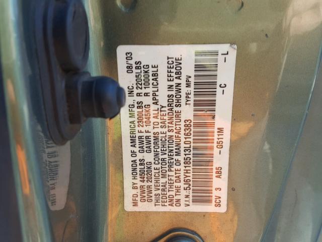 5J6YH18513L016383 - 2003 HONDA ELEMENT EX GREEN photo 10