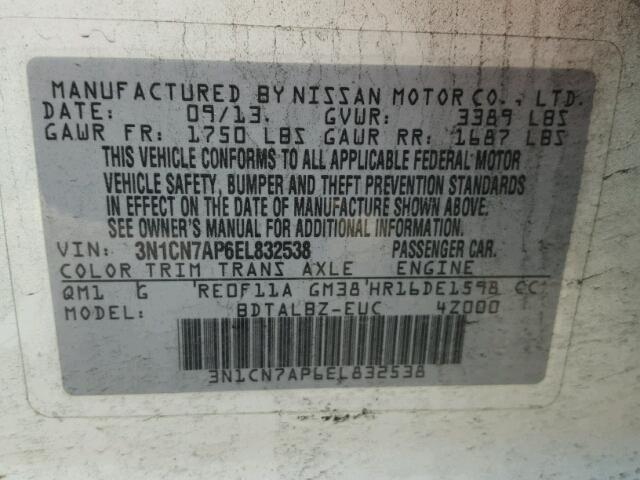 3N1CN7AP6EL832538 - 2014 NISSAN VERSA S WHITE photo 10