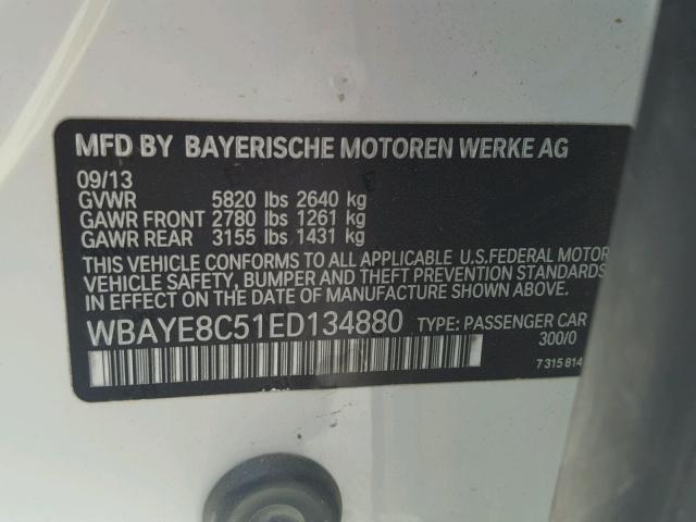 WBAYE8C51ED134880 - 2014 BMW 750 LI WHITE photo 10