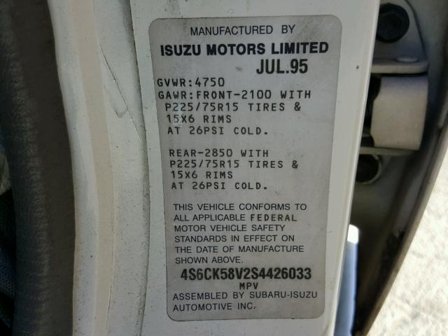 4S6CK58V2S4426033 - 1995 HONDA PASSPORT E WHITE photo 10