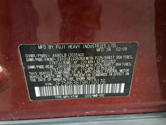 JF2SH63679H710176 - 2009 SUBARU FORESTER 2 RED photo 10