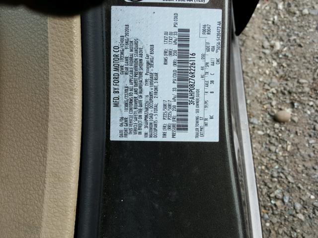 3FAHP08Z76R226116 - 2006 FORD FUSION SEL CHARCOAL photo 10