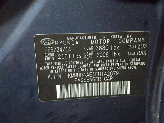 KMHDH4AE1EU142879 - 2014 HYUNDAI ELANTRA SE BLUE photo 10