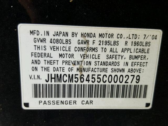 JHMCM56455C000279 - 2005 HONDA ACCORD LX BLACK photo 10