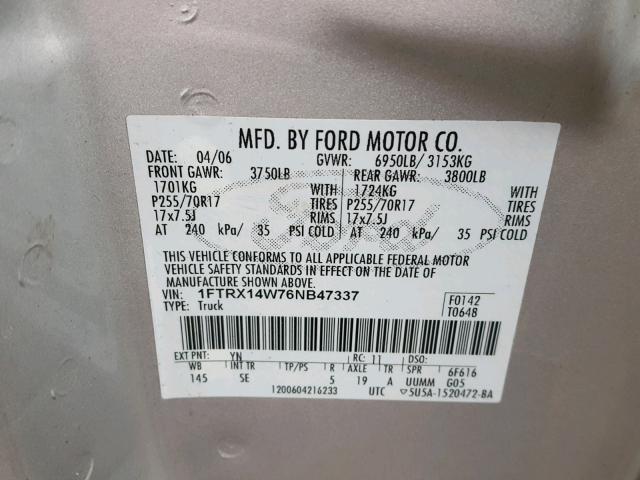 1FTRX14W76NB47337 - 2006 FORD F150 SILVER photo 10