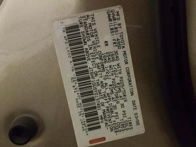 JT6HF10U5Y0137481 - 2000 LEXUS RX 300 GOLD photo 10