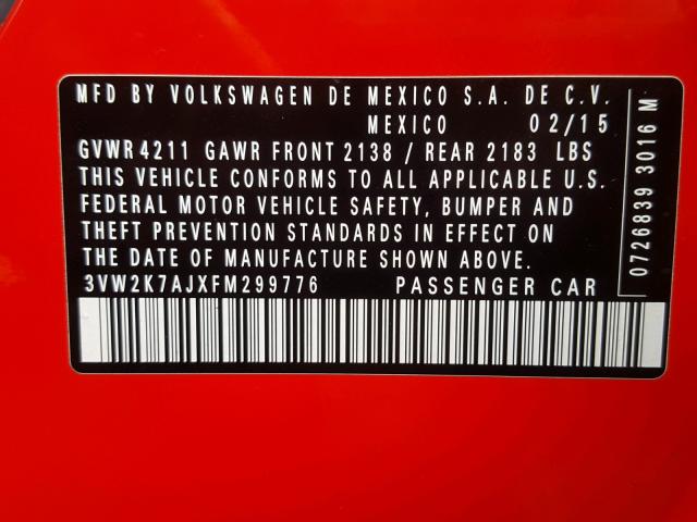 3VW2K7AJXFM299776 - 2015 VOLKSWAGEN JETTA BASE 红色 照片 10